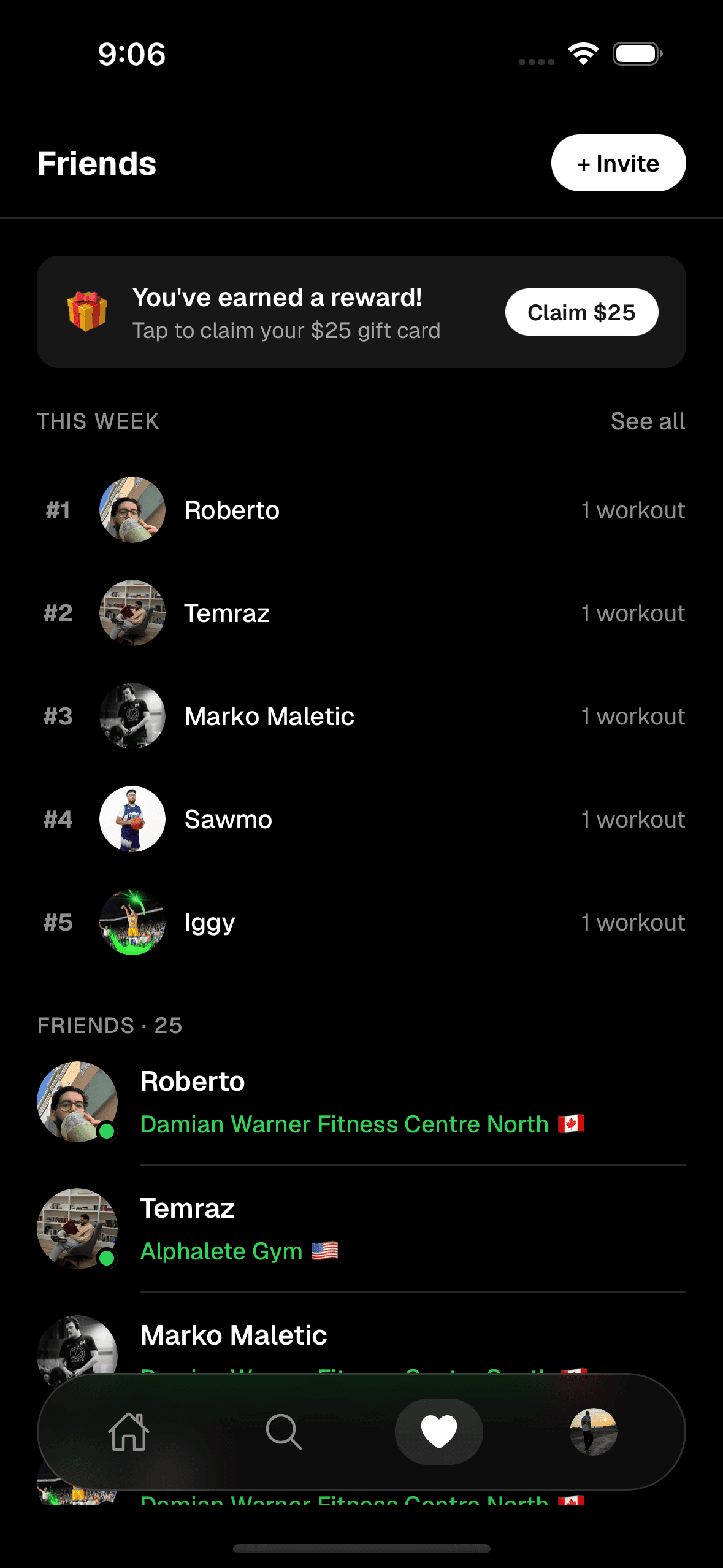 Social Gym leaderboard screen